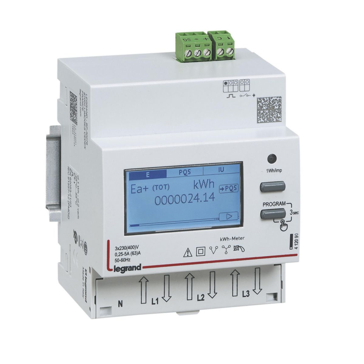 Compteur modulaire triphasé EMDX3 non MID raccordement direct - 63 A - 4 modules - avec sortie à impulsions Réf. 412090