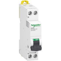 Acti9 iDT40N - disjoncteur modulaire - 1P+N D 1A 6000A/10kA 6000A Icn conformément à EN 60898 - 230 V AC 50/60 Hz / 10kA Icu conformément à EN/IEC 60947-2 - 230..240V AC 50/60 Hz - Rail DIN - NF - largeur 2 pas de 9mm Réf. A9P34601