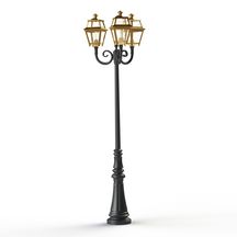 Lampadaire 3 têtes Place Des Vosges 2 - version modèle 11 - hauteur 2617 mm - E27 - IP44 - diffuseurs en verre clair - lanterne en laiton vernis teinté 070 - mât et bras en aluminium - couleur RAL 9005 noir foncé 000 Réf. 148010070
