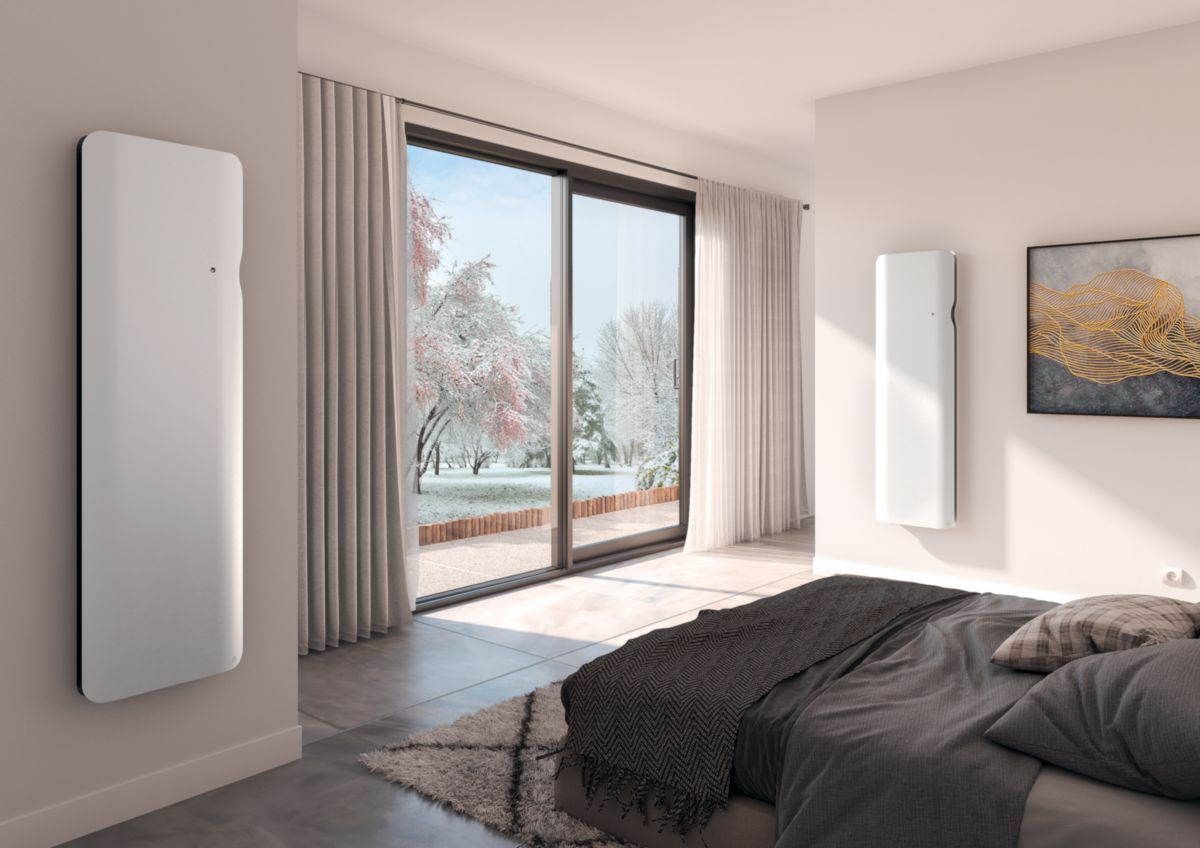 Radiateur à Double Corps De Chauffe INTUIS - Radiateur Dook - Vertical - 1500W - Blanc satiné - Double corps de chauffe, Inertie fonte avec priorité façade - 100% cOOnnecté - Commande tactile - Réf. NEN3375TCEC | CDL ELEC