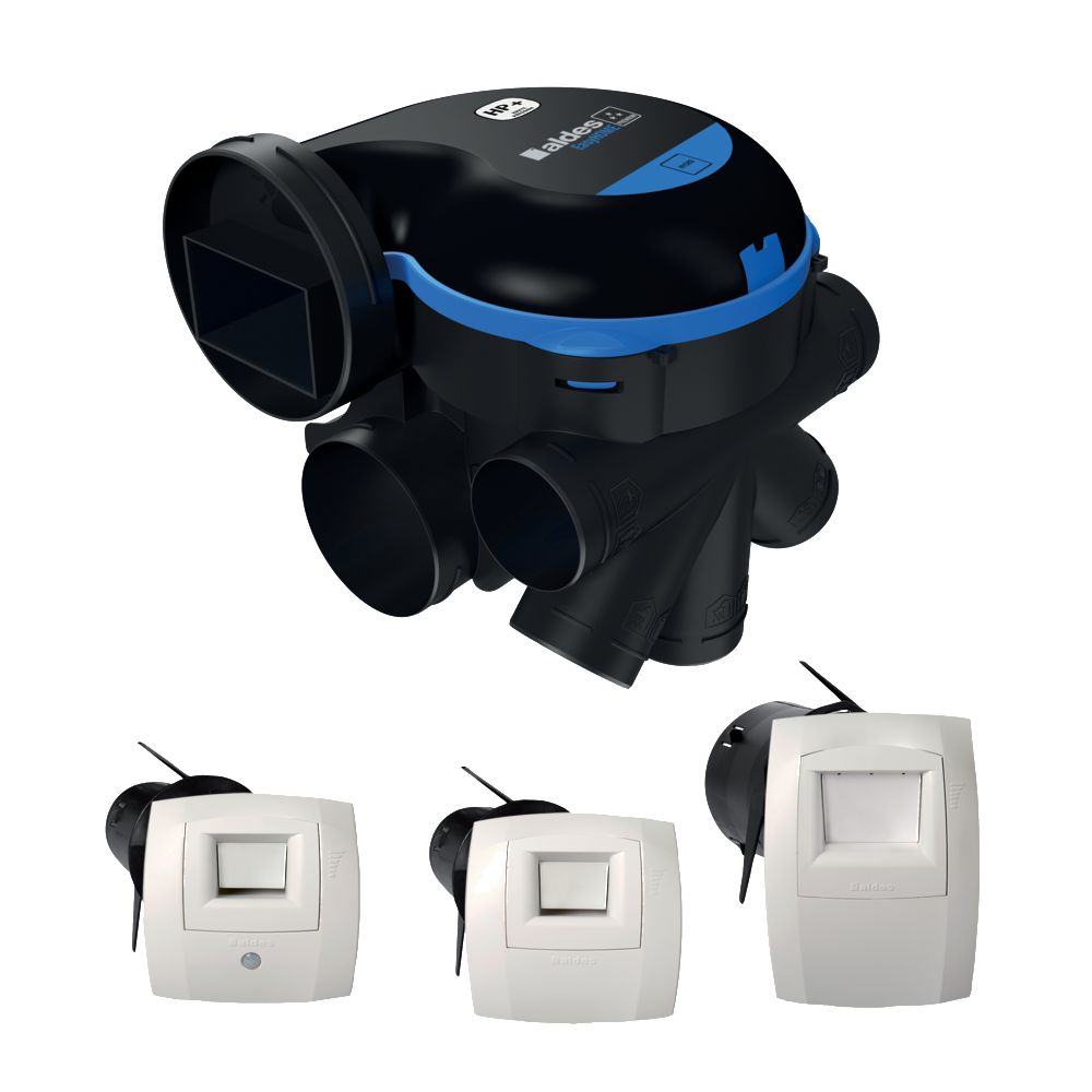 Kit VMC simple flux hygroréglable EasyHOME Hygro Premium HP+ avec moteur EC Haute Pression et 7 piquages sanitaires, garantissant des débits conformes RE2020, adapté aux installations complexes et livré avec 3 bouches BAHIA® CURVE 11033021