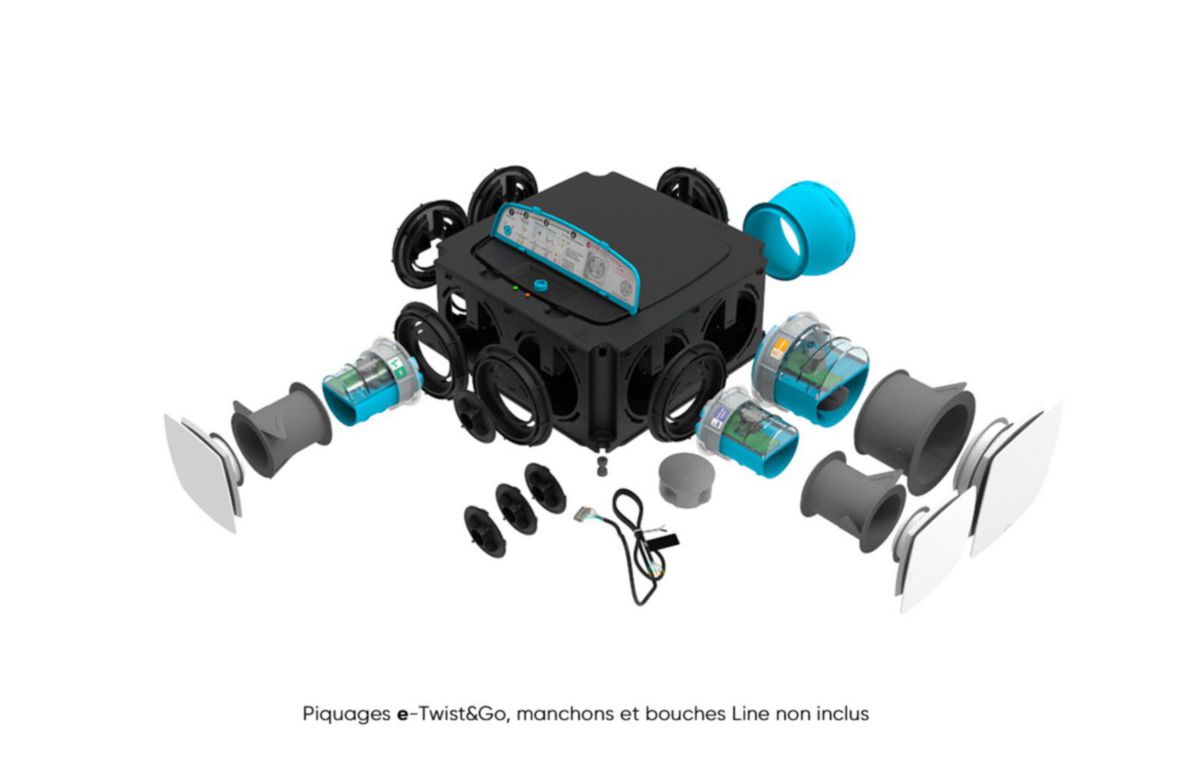 Groupe Hygrogenius Flex - VMC simple flux Hygroréglable basse conso à régulation intelligente qui garantit les débits dans les configurations les plus exigeantes, jusqu'à 6 sanitaires. Compatible avec les kits e-Twist&Go Réf. 412283