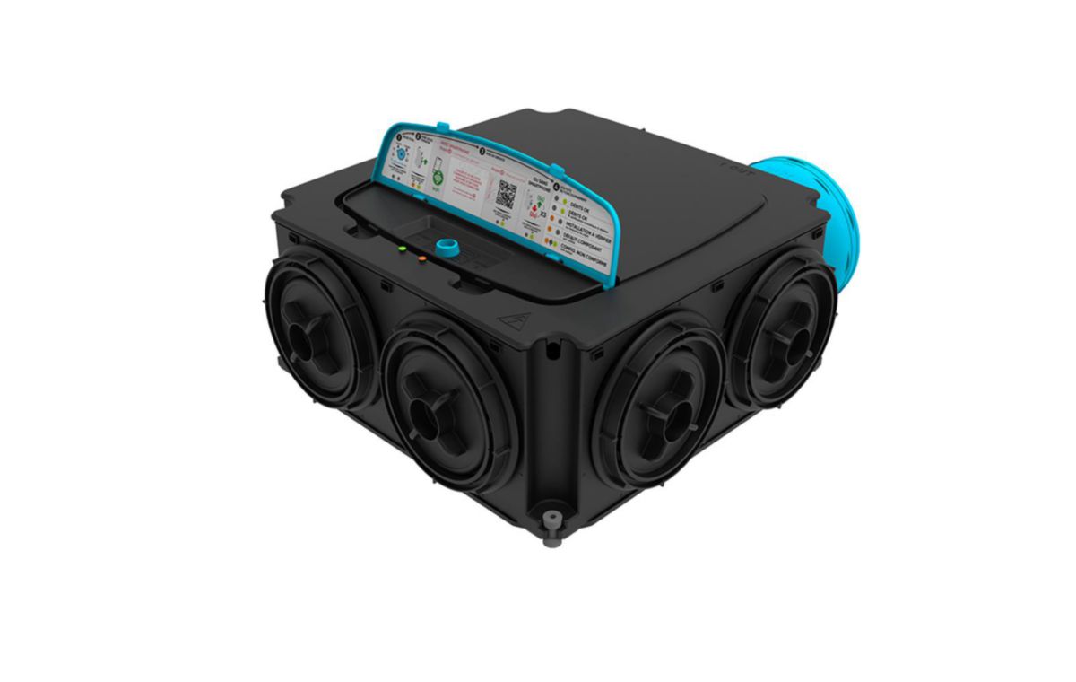 Groupe Hygrogenius Flex - VMC simple flux Hygroréglable basse conso à régulation intelligente qui garantit les débits dans les configurations les plus exigeantes, jusqu'à 6 sanitaires. Compatible avec les kits e-Twist&Go Réf. 412283